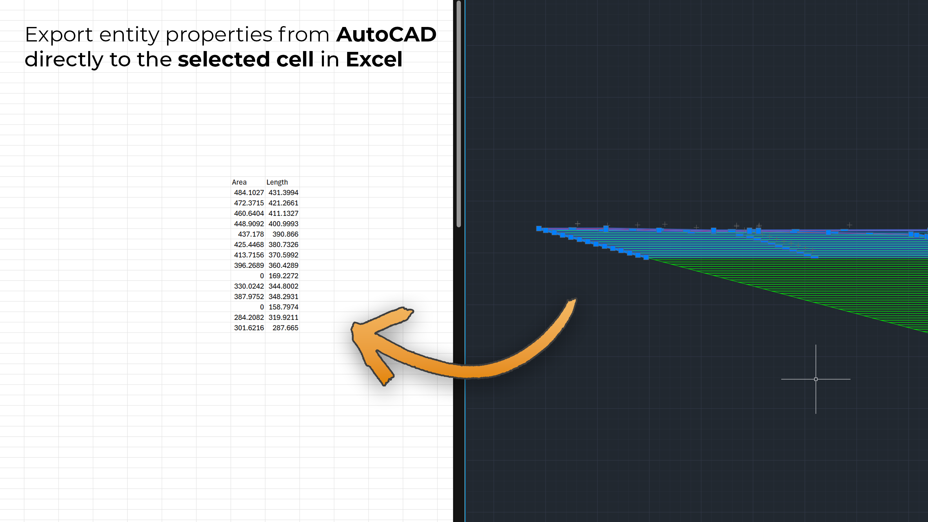 SimplyEx interface showing export of AutoCAD entity properties to Excel cells
