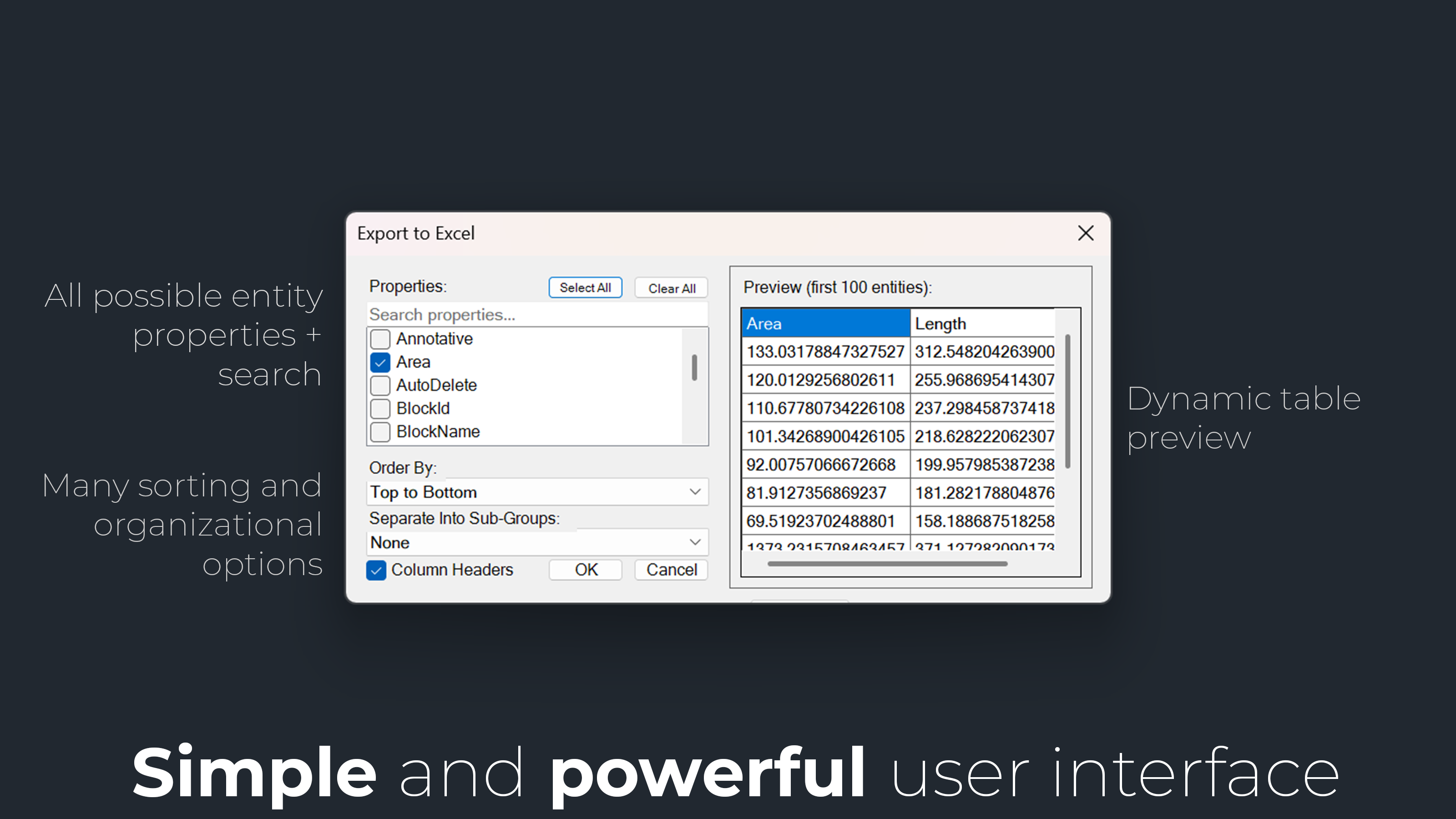 SimplyEx UI dashboard displaying export capabilities and settings options