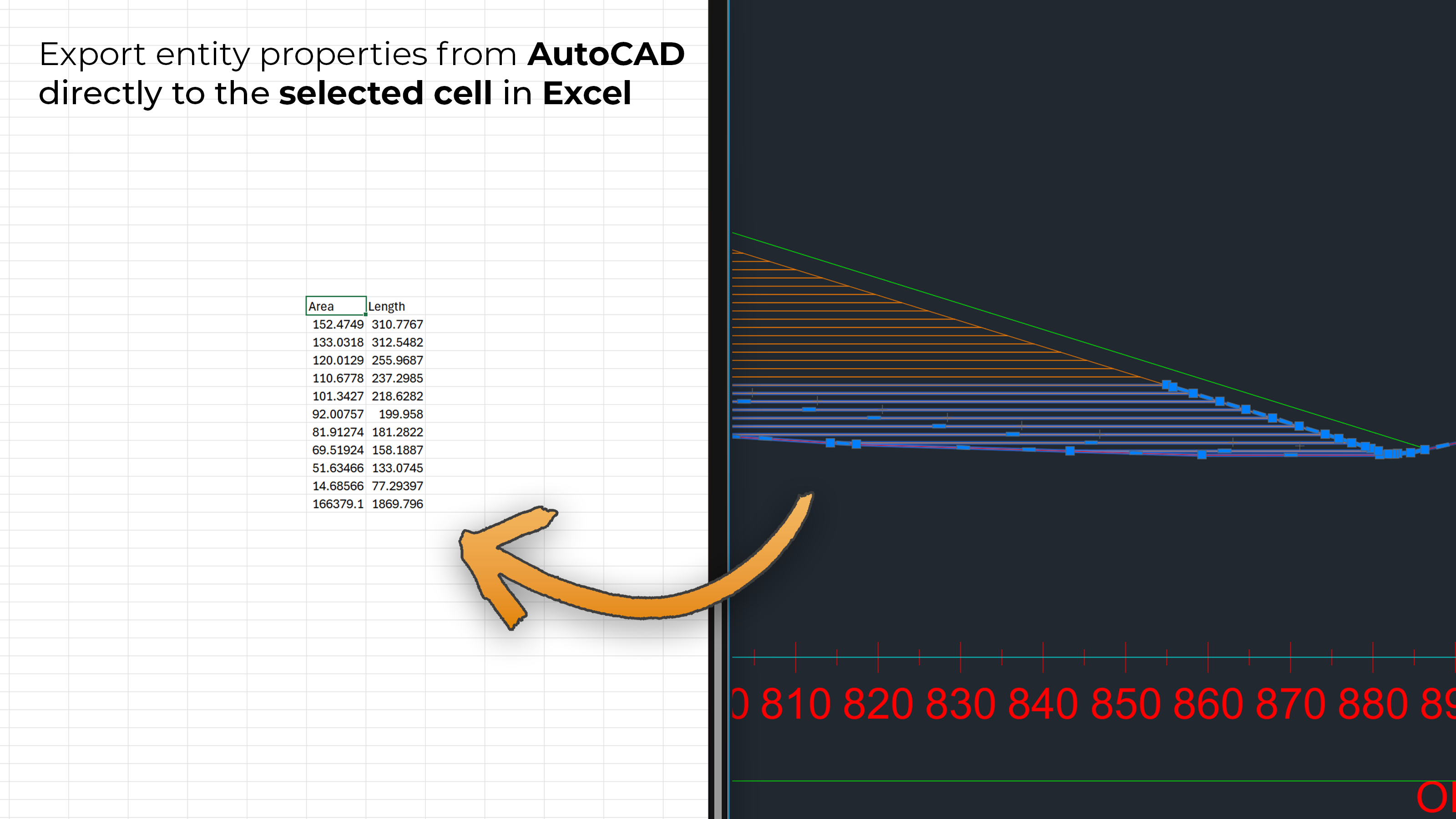 SimplyEx interface showing export of AutoCAD entity properties to Excel cells